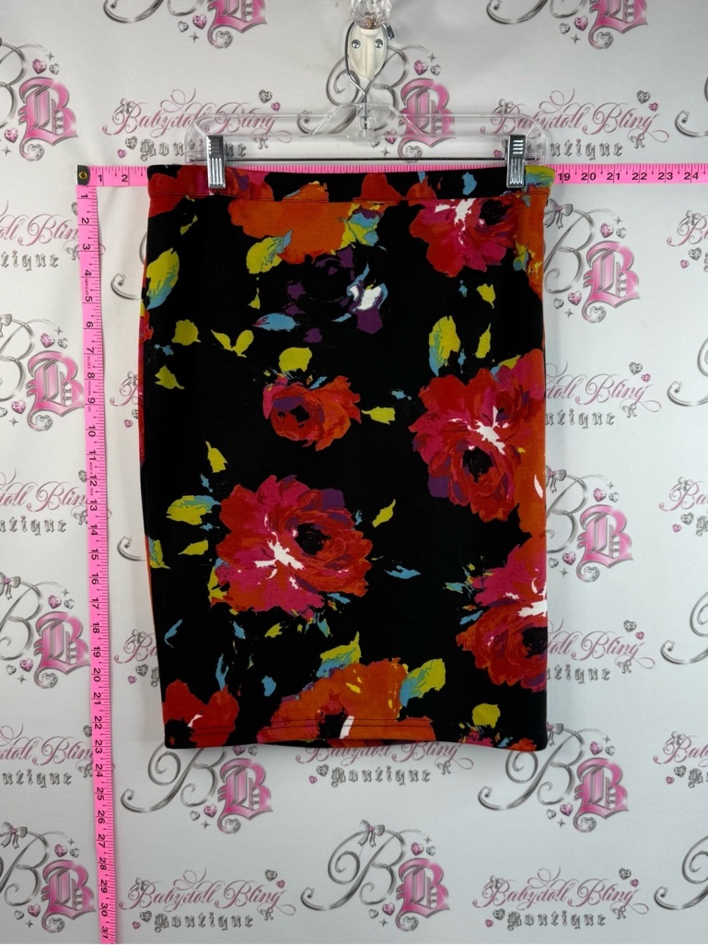 Grace Pencil Skirt Flowy Colourful Black with Red, Orange, Yellow Floral Print